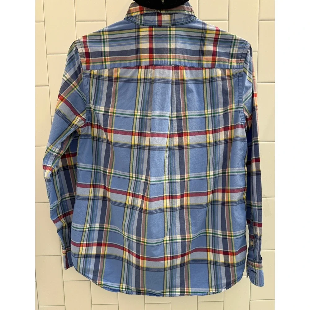 Ralph Lauren Button Down Shirt Kids L 14-16 Blue Plaid Natural Stretch Preppy